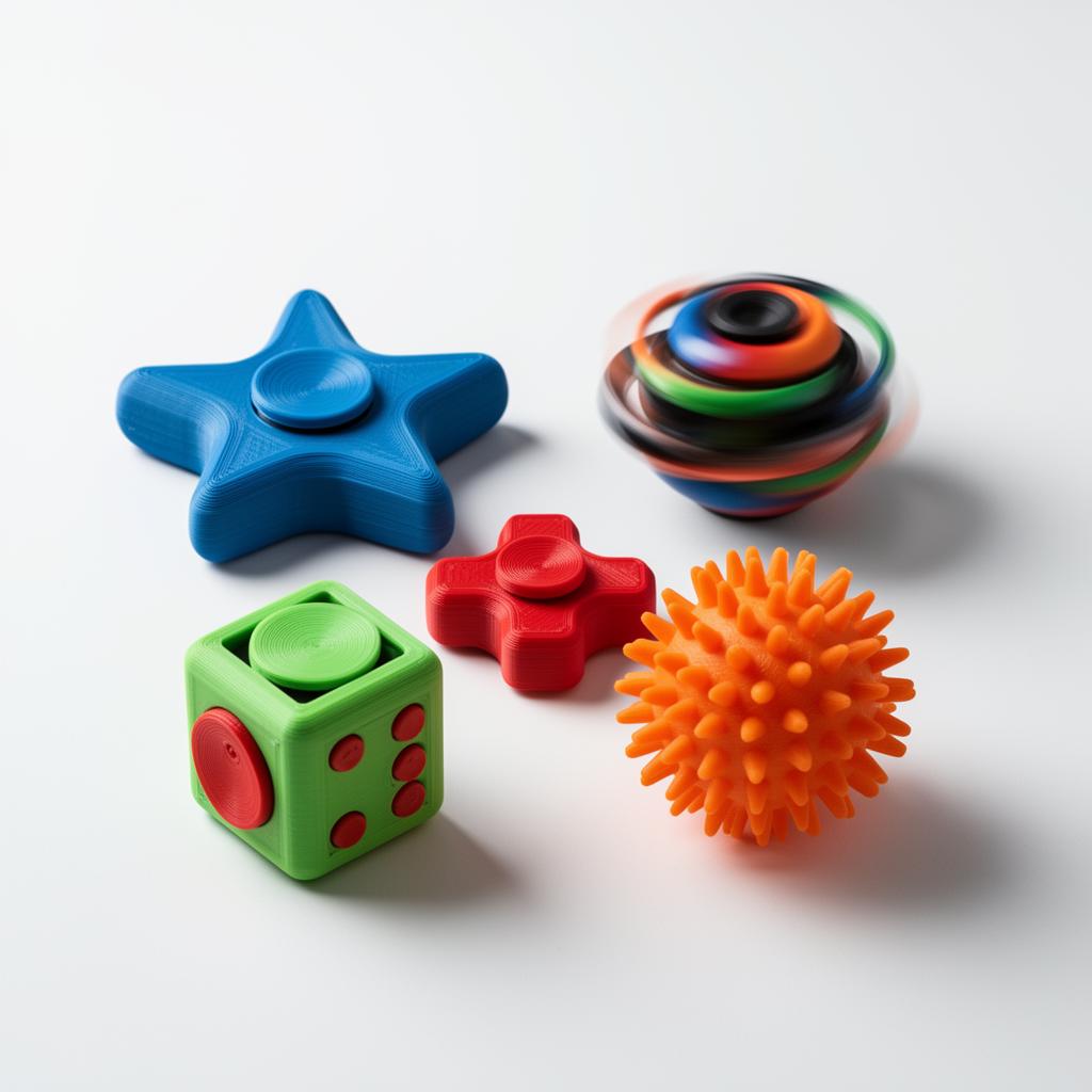 Collection of 3D printed fidgets including star spinners, gyro spinners, and fidget cubes